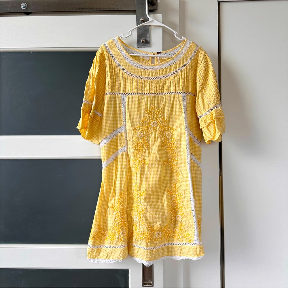 Free People Yellow Gingham & Lace Mini Dress